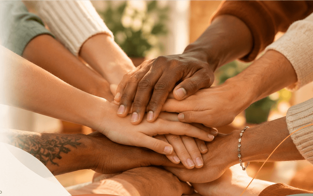 Mãos unidas de pessoas diversas representando o cuidado integrado e acolhedor da Clínica Afetuar